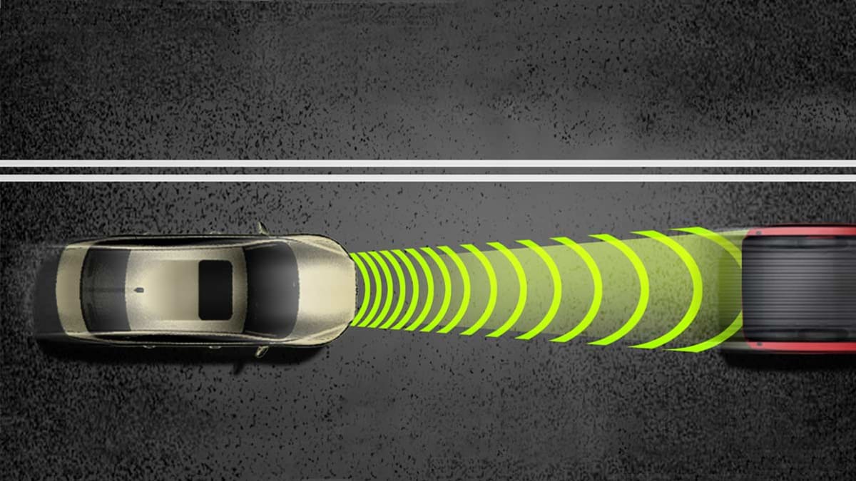 illustration of car from overhead with lines in front of it detecting the truck ahead on the road